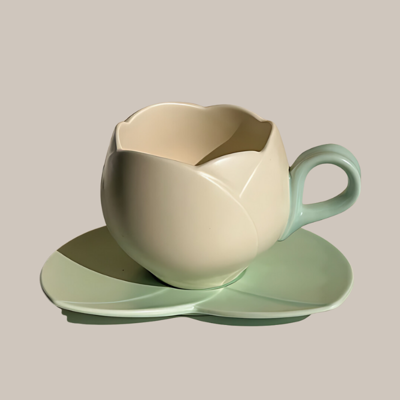 Tulip Ceramic Mug and Saucer | Flower Cup for coffee, tea, oatmeal