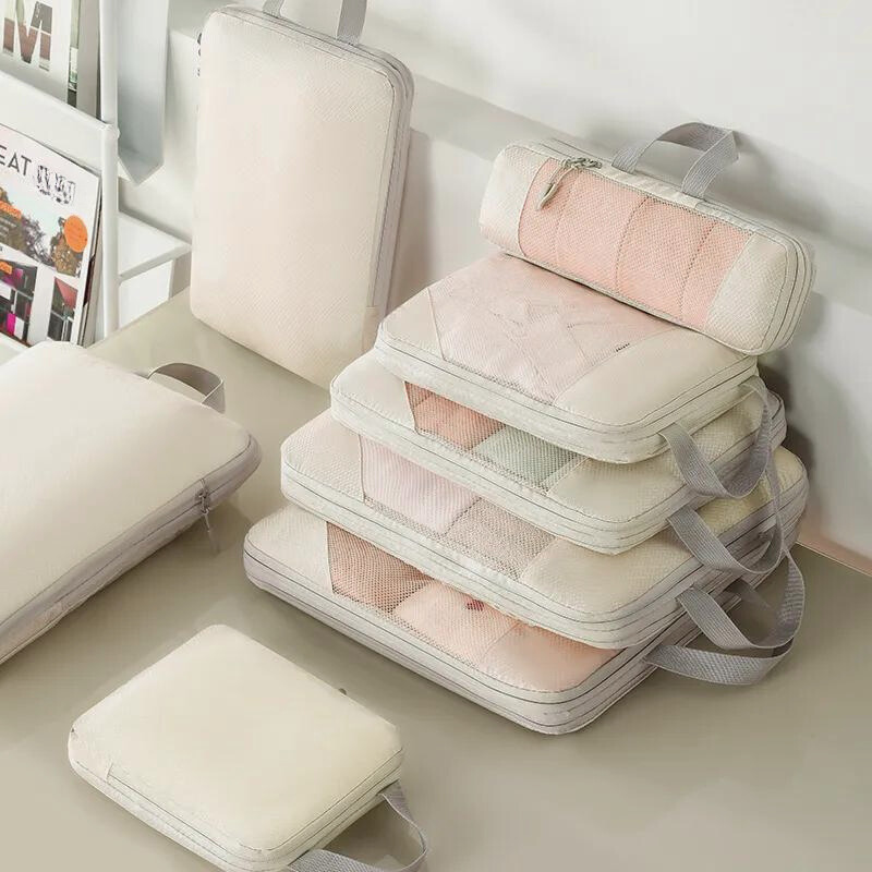 Bonnie 60% Size Reduction Compression Packing Cubes Set |  Travel Organizer 5pcs (Beige)