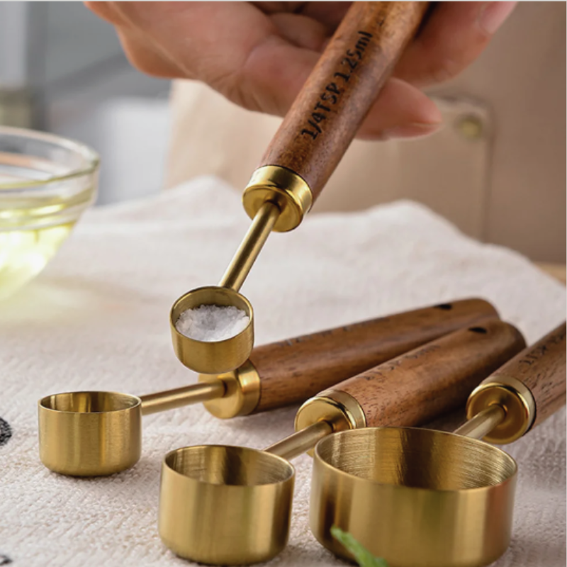 Camille Gold & Wood Measuring Set | Precision Cups & Spoons for Baking & Cooking