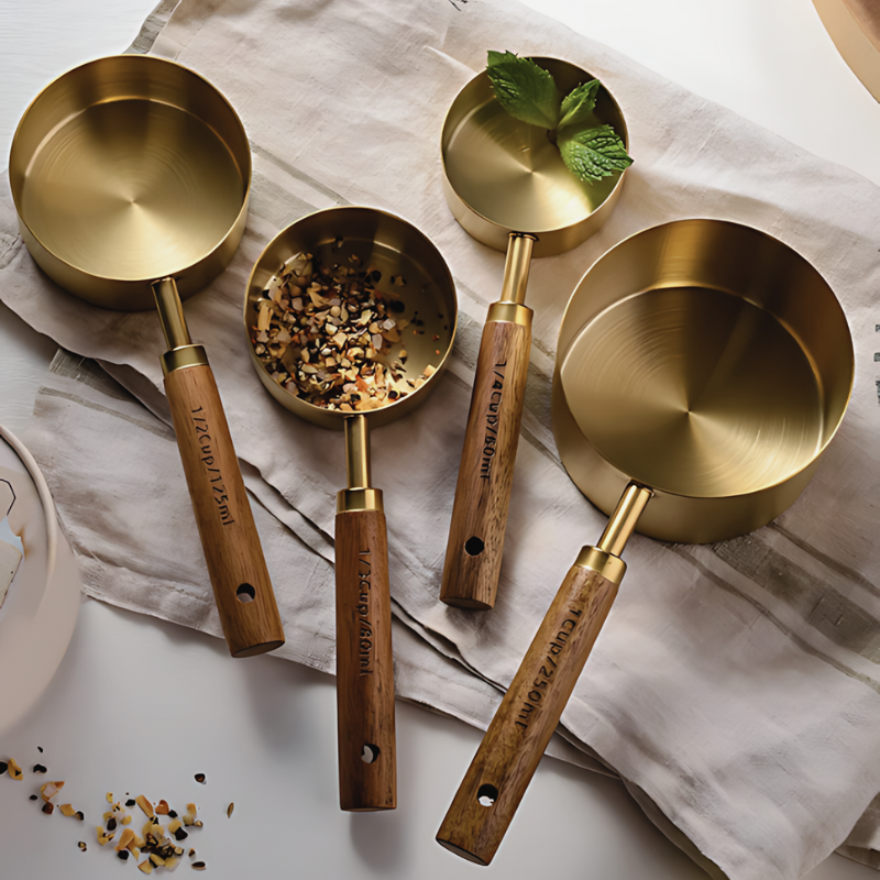 Camille Gold & Wood Measuring Set | Precision Cups & Spoons for Baking & Cooking