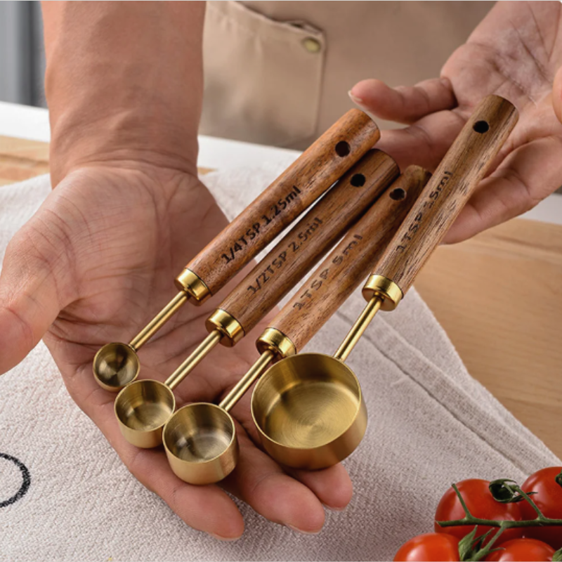 Camille Gold & Wood Measuring Set | Precision Cups & Spoons for Baking & Cooking